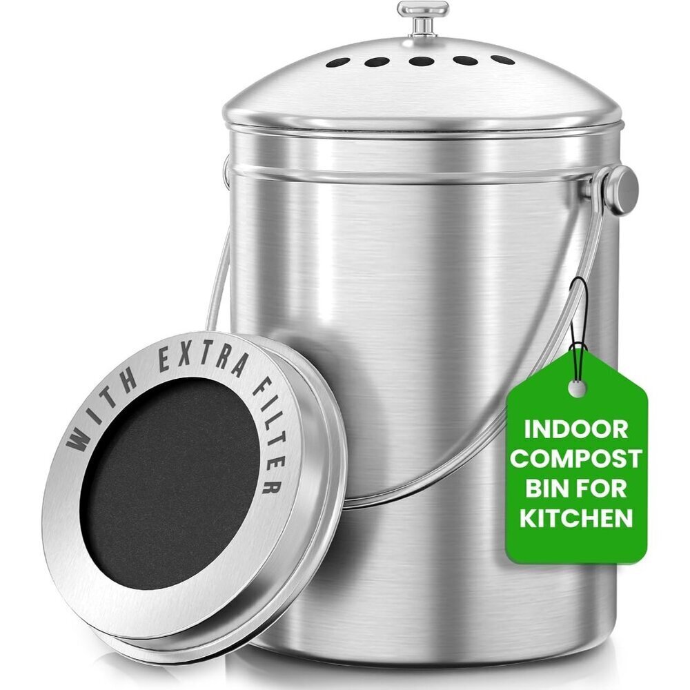 Indoor Compost Bin Kitchen, Odorless Composting with Charcoal Filter, 1.3